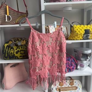 Alice + Olivia Blush Pink Lace Top with Fringe Accents